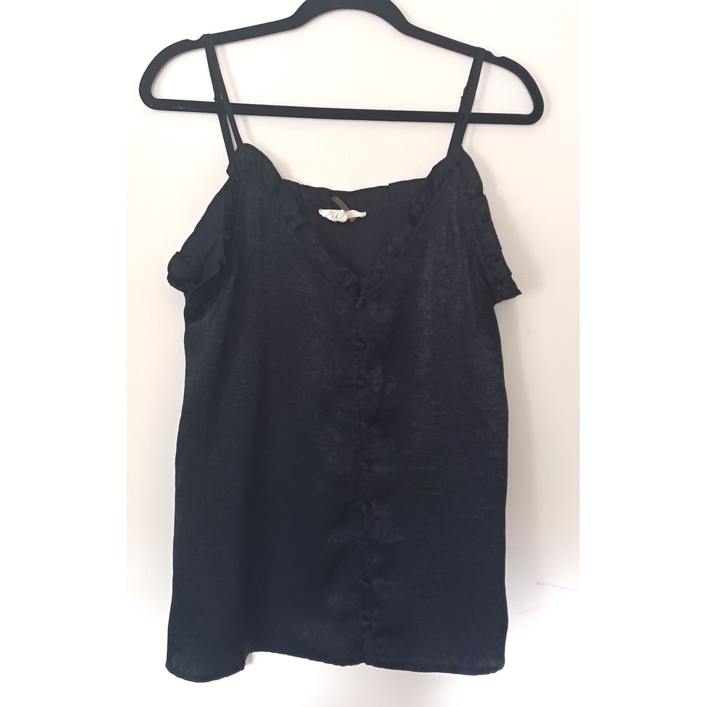 Entro Camisole Top Women Large Black Ruffle V-Neck Button Front‎ Satin Coquette